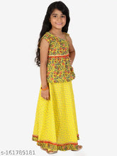 Yellow and red printed cotton one-shoulder Lehenga Choli for girls, checkered pattern, ready-to-wear, suitable for special occasions